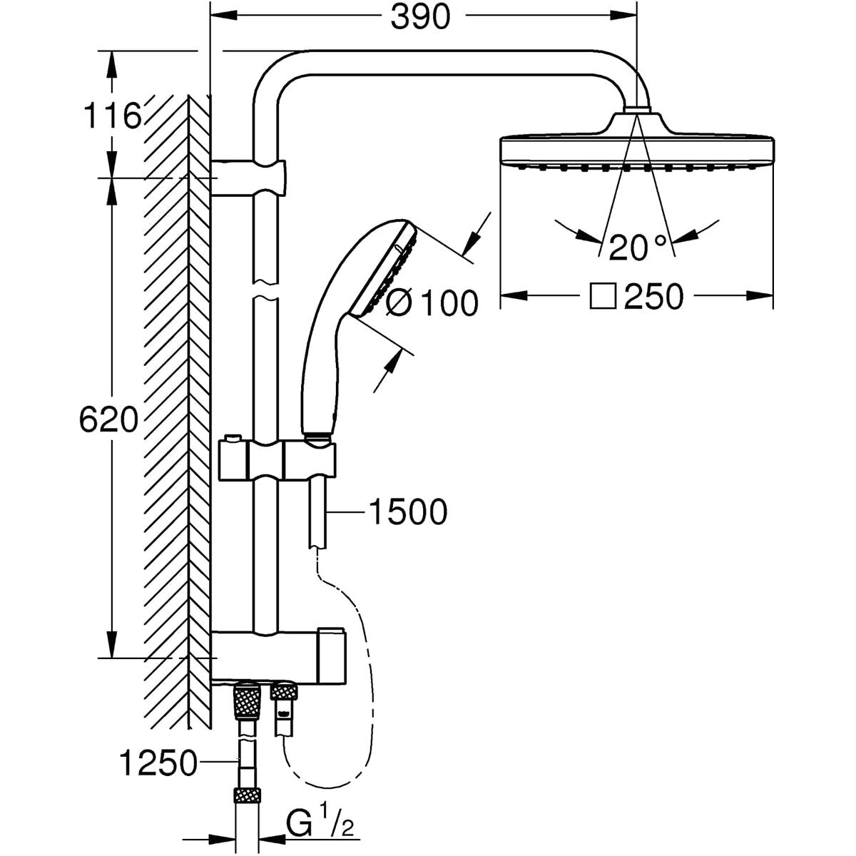 Dusche Säule Grohe Vitalio Start 250 Cube 1 Position 25 cm