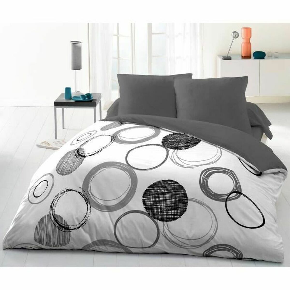 Bettwäsche-Set HOME LINGE PASSION Weiß Kreise Hellgrau 220 x 240 cm