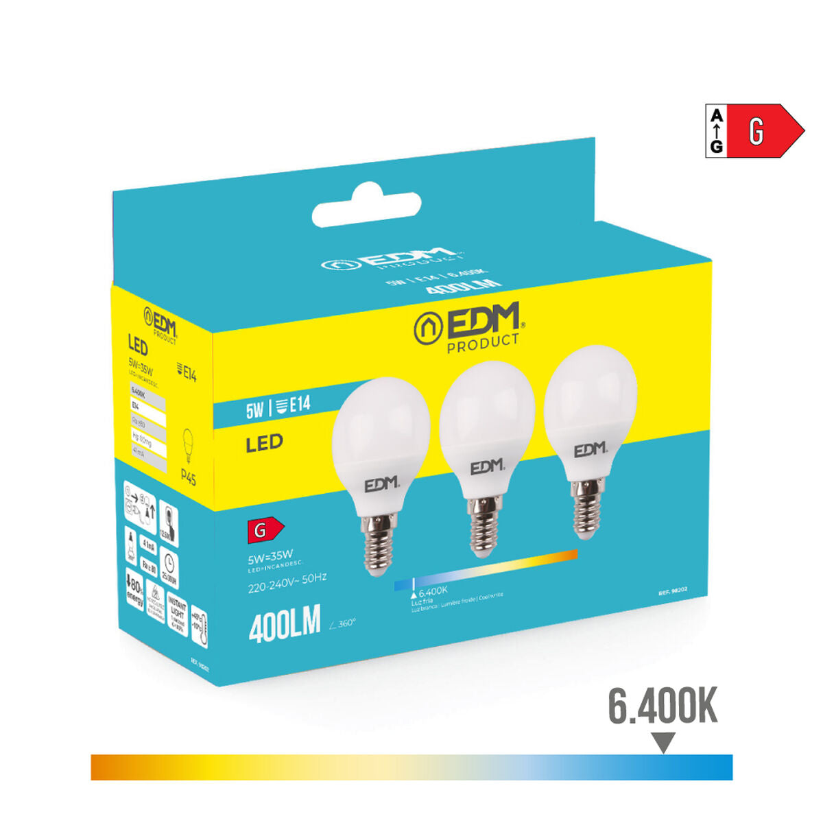 Packung mit 3 LED-Glühbirnen EDM G 5 W E14 400 lm Ø 4,5 x 8 cm (6400 K)