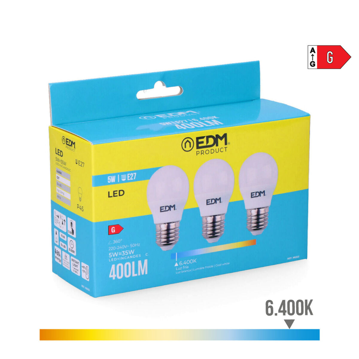 Packung mit 3 LED-Glühbirnen EDM G 5 W E27 400 lm Ø 4,5 x 8 cm (6400 K)