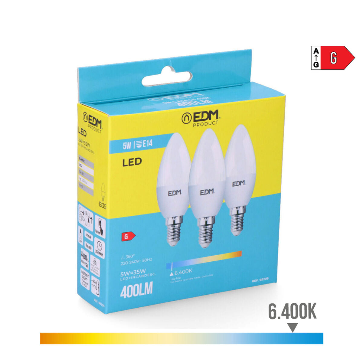 Packung mit 3 LED-Glühbirnen EDM G 5 W E14 400 lm Ø 3,6 x 10 cm (6400 K)