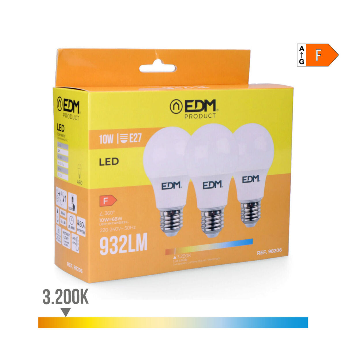 Packung mit 3 LED-Glühbirnen EDM F 10 W E27 810 Lm Ø 6 x 10,8 cm (3200 K)