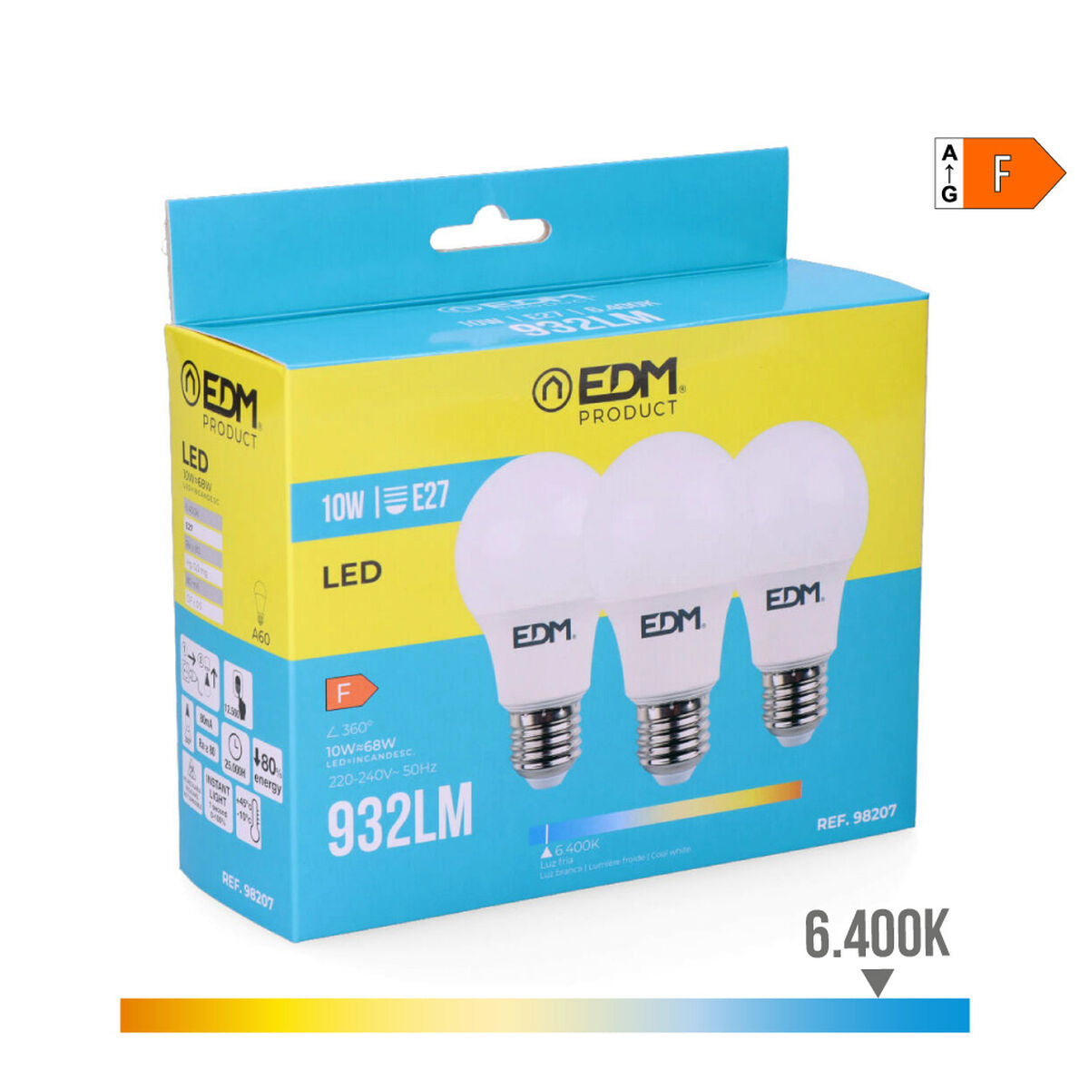 Packung mit 3 LED-Glühbirnen EDM F 10 W E27 810 Lm Ø 6 x 10,8 cm (6400 K)