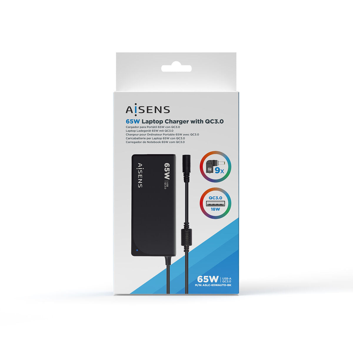 Netzadapter Aisens Cargador 65 W Automatico Universal Multitension Para Portatil Con 9 Conectores + USB-A QC.3.0