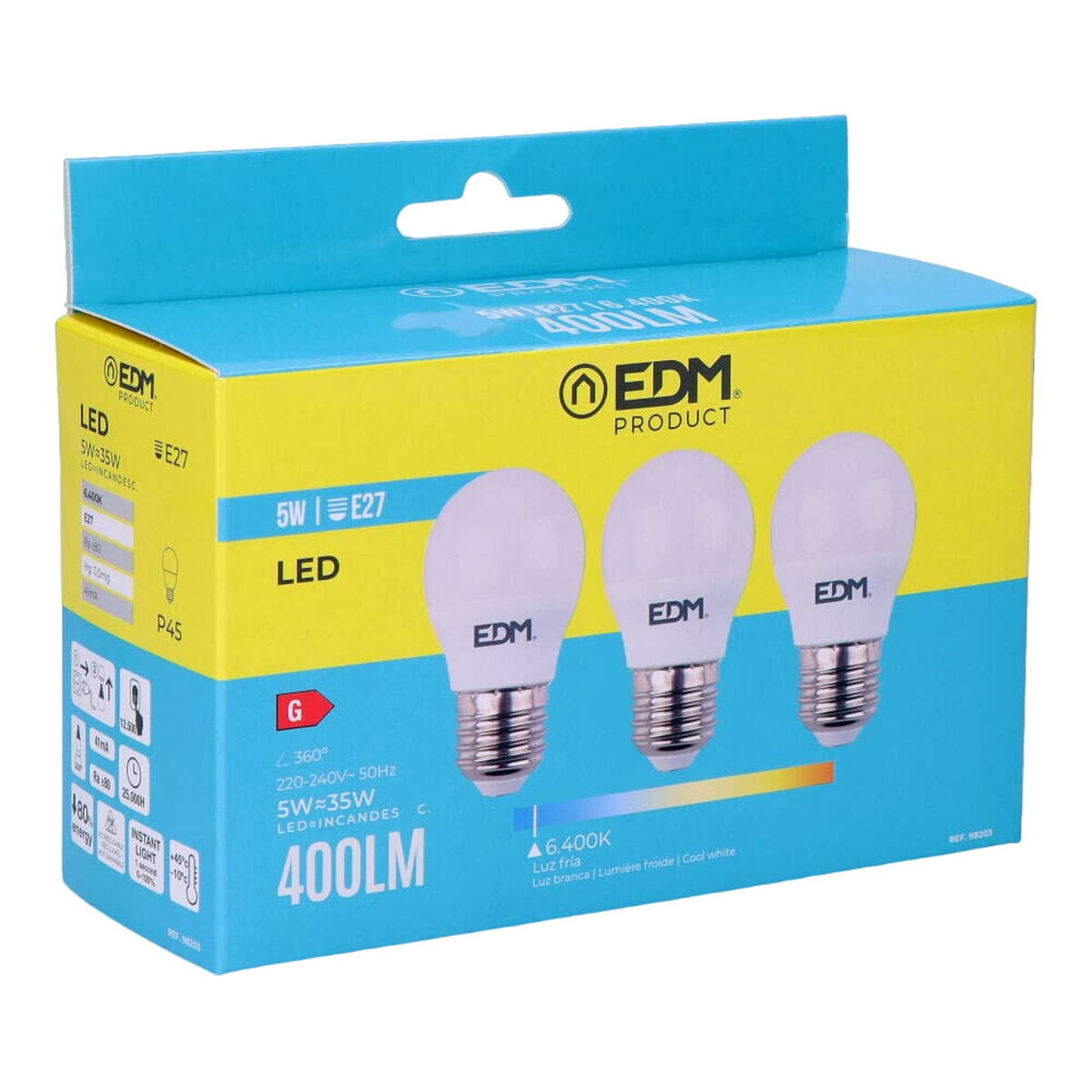 Packung mit 3 LED-Glühbirnen EDM G 5 W E27 400 lm Ø 4,5 x 8 cm (6400 K)